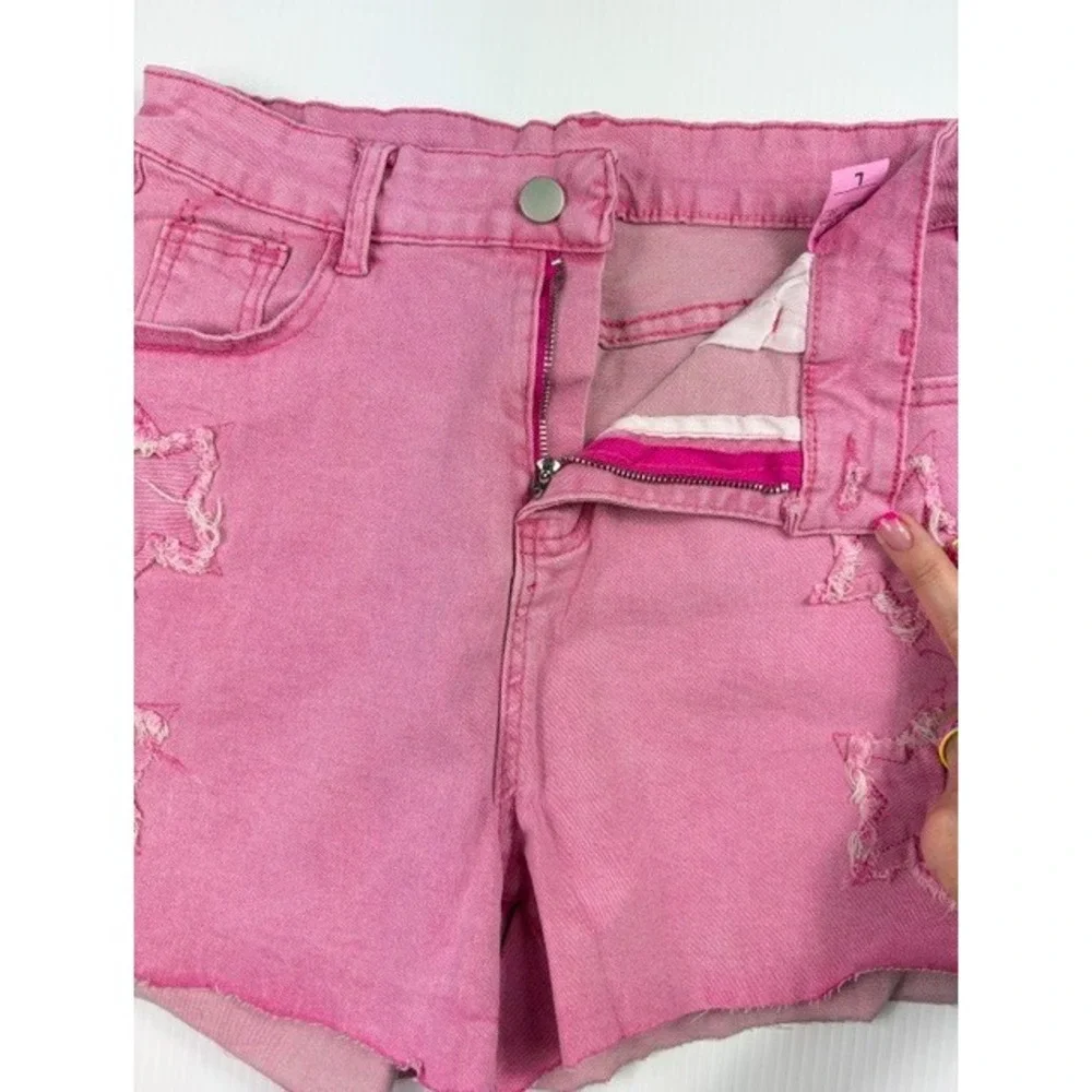 Y2K Pink Denim Two‎ Piece Set Crop Vest Raw Hem Star Cutout Shorts Size Small